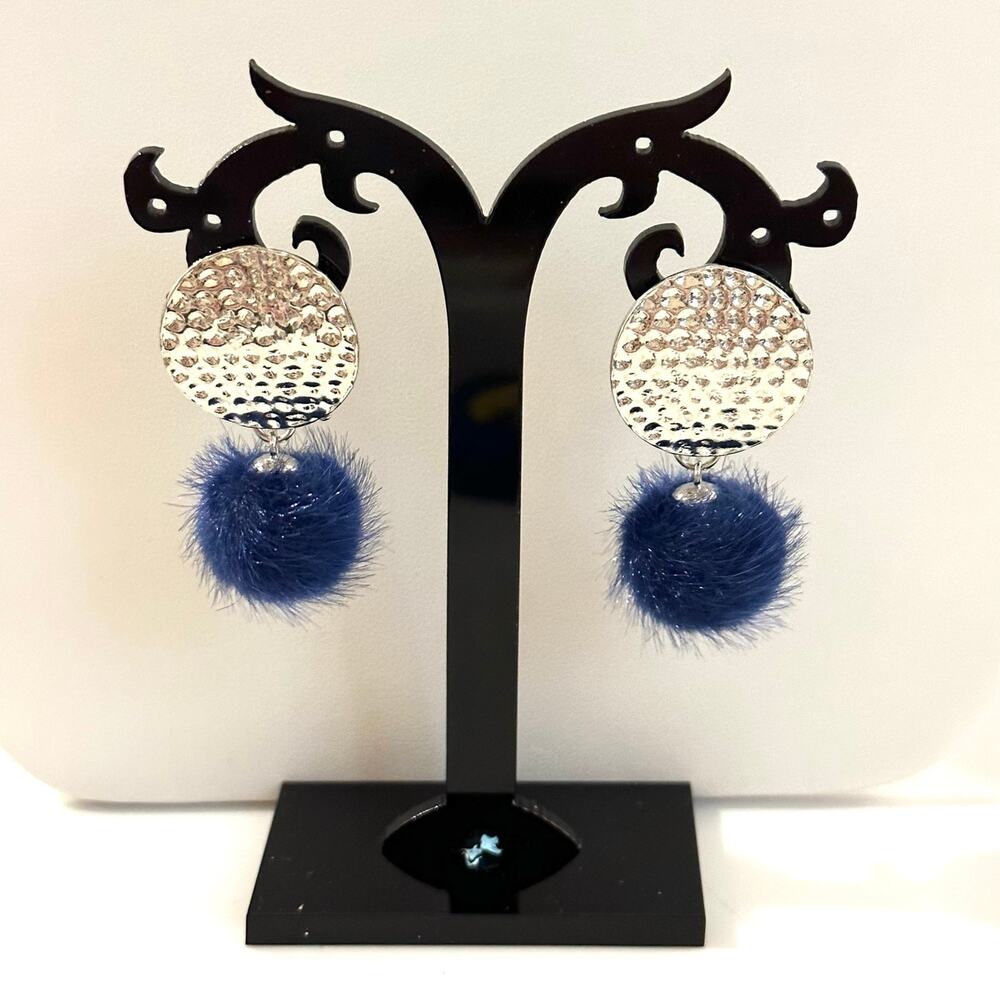 Textured Disc with Wool Ball Earrings